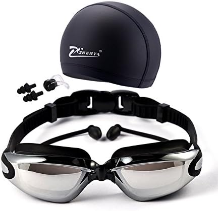 Gooteff Swim Goggles (Prescription 1.5-8.0 Diopters) & Swim Cap & Nose Clip & Ear Plugs & Case Clear Waterproof Anti-Fogging Swimming Goggles Coated Lens No Leaking Anti Fog UV Protection