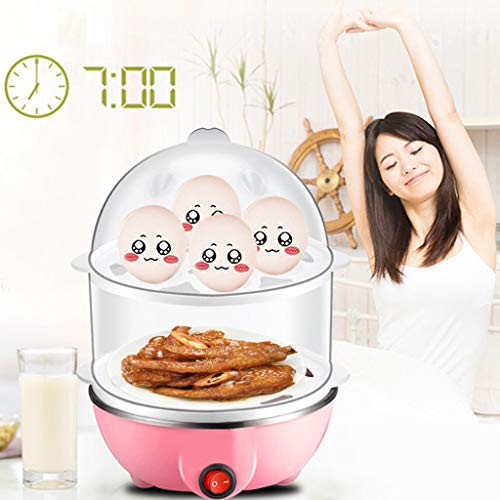 jiumoji Eggs Boiler Cooker Auto Shutoff Double Breakfast Machine Stainless Steel Multi-Function Steamer (-Pink, 15x22cm)