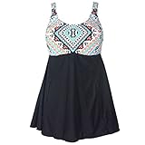 PZZ Geometric Print Plus Size Black Bathing Dress Push Up Swimsuit(FBA)