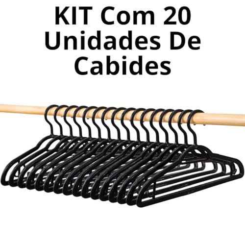 Kit 20 Cabides Adulto Preto Antideslizante Reforçado Cabide Resistente Para Roupas Calças Camisetas Contém Porta Gravata Cinto Lenço Camisas Ternos Gancho para Vestido