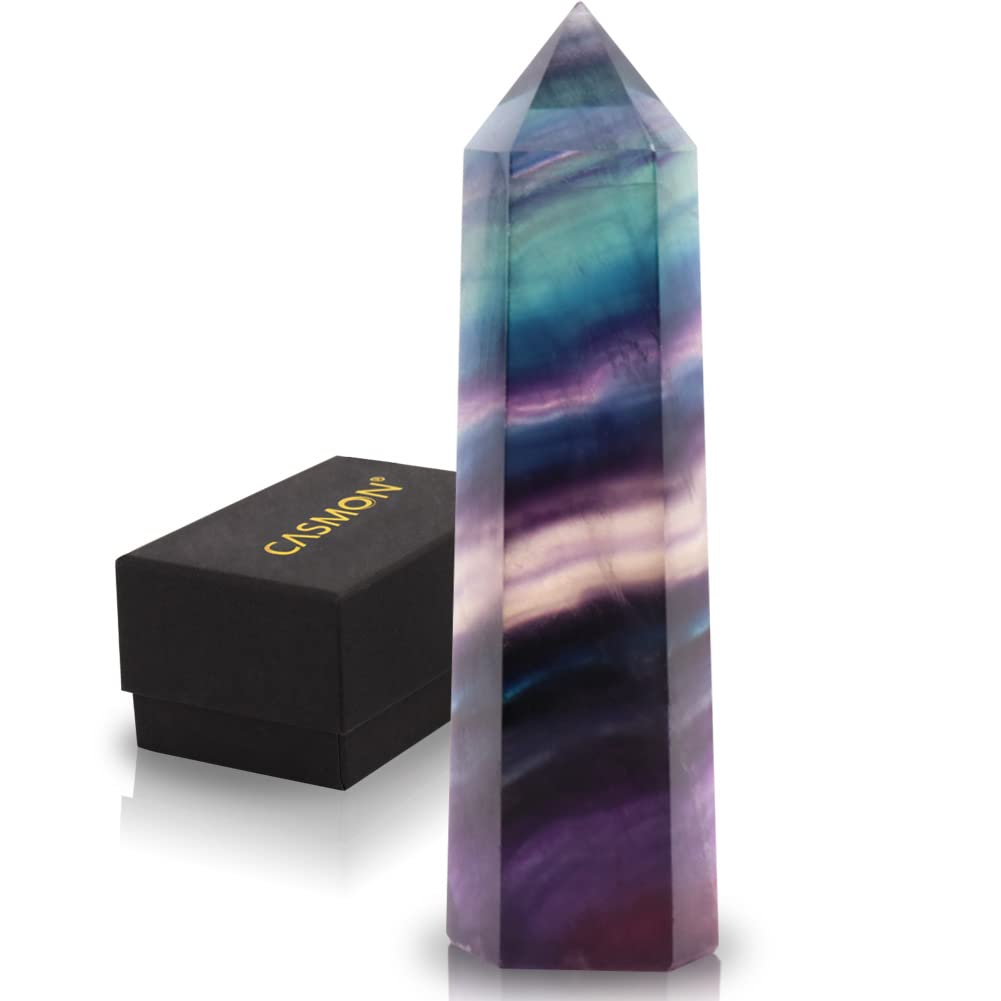 CASMON Colorful Fluorite Wand 3.2”-3.5” Healing Crystal Tower, Natural Large 6 Faceted Polished Point Wand Stone with Gift Box for Reiki, Chakra, Meditation, Collection, Home Décor