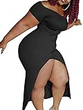 TOB Women's Sexy Plus Size Off Shoulder Side Slit Bodycon Party Maxi Dress Black,3X