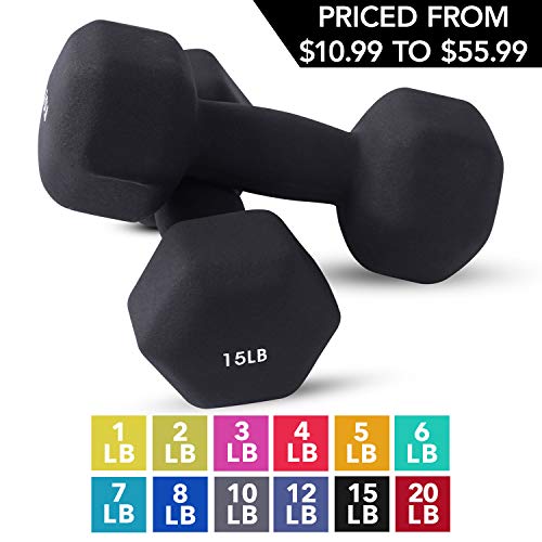 Neoprene Dumbbell Pairs by Day 1 Fitness - 15 Pounds - Non-Slip, Hexagon Shape, Color Coded, Easy To Read Hand Weights for Muscle Toning, Strength Building, Weight Loss