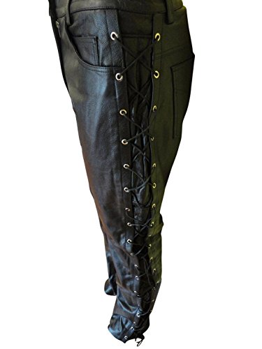 Men's Thick Soft Black Leather Side Laces Pant 5 Pockets Jeans Style Model (28 Inch Waist)