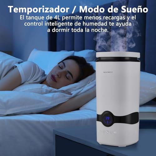 Glückluz Humidificador de Aire 4L para Dormitorio, Humidificador Ultrasónico y Difusor de Aromas con Boquilla 360° - Control de Humedad, Temporizador, Apagado Automático para un Ambiente Silencioso