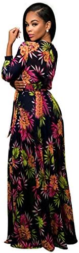Women Elegant Deep V Neck Long Sleeve Chiffon Floral Print Long Maxi Dress Belted