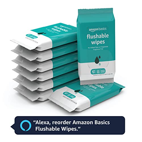 AMAZON BASICS FLUSHABLE ADULT TOILET WIPES, FRAGRANCE FREE, 42 COUNT (PACK OF 8) (TOTAL 336 WIPES) (PREVIOUSLY SOLIMO)