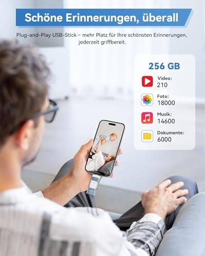 ZARMST 256GB USB Stick for Phone, 4-in-1 Memory Stick for Phone/Pad/Android Smartphone/PC, USB 3.0 Stick for Fast Data Transfer, External Versatile Photo Stick, Flash Drive, Blue