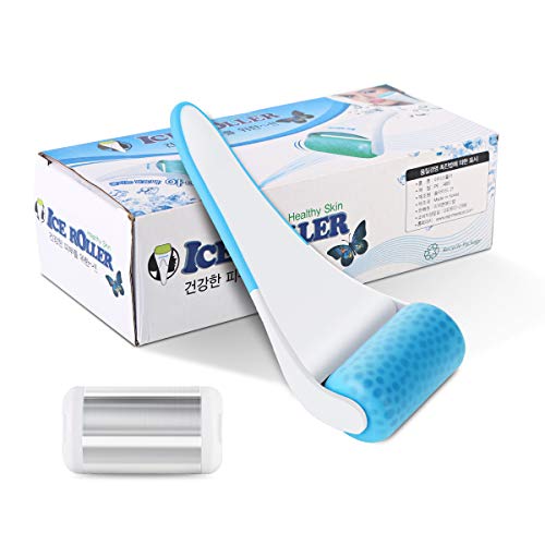 Eurobuy Ice Roller for Face & Eye Puffiness Migraine Pain Relief and Minor Injury,Set of 2 Roller Heads Ice Rolling Massager,Handhold Stainless Steel Roller,Skin Care Beauty Tool (Blue)