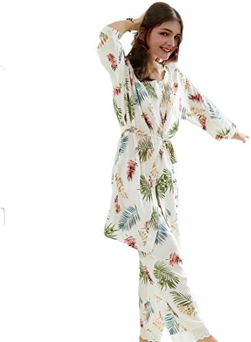 Belgius Women's Sleepwear Floral Lace Trim Camisole Capri Pants and Robe 3 Piece Pajamas Set