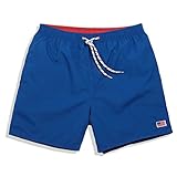 Mens Quick Dry Blue Short Swim Trunks Striped Water Shorts with Mesh Lining Long