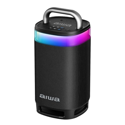 Aiwa Bocina Portátil Bluetooth TWS, Potencia 600W PMPO (60W RMS), Party 360°, Sonido Envolvente, Resistencia al Agua IPX5, Luz LED Multicolor, Batería Recargable y Función de Carga, AWS68BT