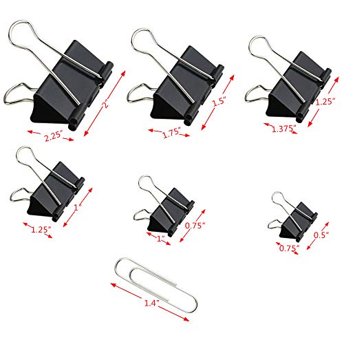 Neworkg 130 Pcs Binder Clips + 50 Pcs Bonus Paper Clips, Assorted 6 Sizes Paper Clamps, Black Metal Fold Back Clips with Box for Office, School and Home Supplies