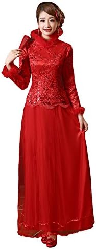 obqoo 2017 Vintage High Collar Fur Long Sleeves Sequined Qipao Wedding Dress Two Pieces Red