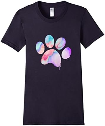 Women's Turquoise-Violet Watercolor Paw - Dog and Puppy T-Shirt Large Navy