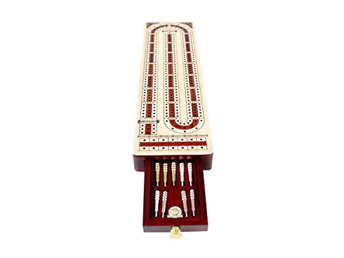 Continuous Cribbage Board Alphabet e Shape inlaid in Maple and Bloodwood with storage drawer for cribbage pegs 12.4" - 3 Tracks - House of Cribbage
