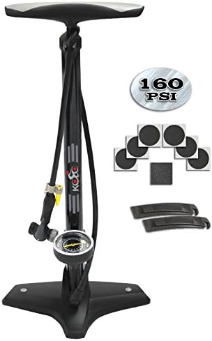 Kolo Sports CLOSEOUT DEAL: Bike Floor Pump By Bike Tire Repair Kit - Heavy Duty Steel Barrel With Wide Tire Gauge - Easy Switch For Presta &amp; Schrader Valves - High Pressure Inflation