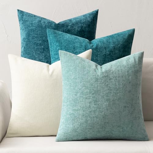 Photo 1 of MIULEE Couch Throw Pillow Covers 18x18 Inch Set of 4 Neutral Teal Blue-White Soft Chenille Pillowcases Farmhouse Boho Cushion Shams for Spring Modern Home Decor Sofa Living Room Bed