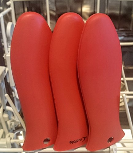Silicone Hot Handle Holder Kit Inc. Cast Iron Cleaner Chainmail Scrubber with Storage Hook, 1 Pan Scraper, 1 Grill Scraper
