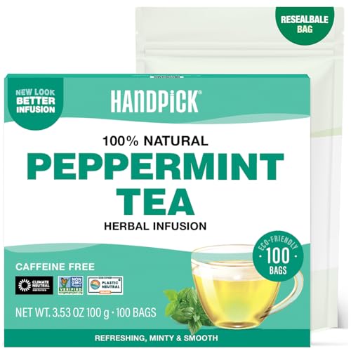 HANDPICK, Peppermint Tea Bags (100 Herbal Tea Bags) Caffeine Free, Non-GMO | 100% Halal Certified | Minty, Fresh & Cool flavor | Premium Round Eco Conscious Tea Bags