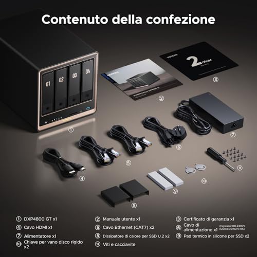 UGREEN NASync DXP4800GT NAS Desktop 4-Bay, AMD Ryzen R2514, Dual 10GbE, 8GB RAM DDR4 (fino a 64GB), supporto ECC, slot U.2 e M.2, per creator, team e casa (Diskless)