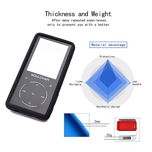 Esimen Premium Silicone Case for Soulcker MP3 Player Tempered Glass Screen Film Screen Protector Cover Travel Carry Pouch Sleeve (Black)