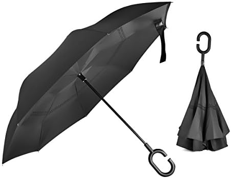 Annter Inverted Stick Umbrella Double Layer Reversible Easy Touch 8 Rib Canopy Construction Self-Standing C-Shape Handle Waterproof Windproof Rain Repellant Fabric Protection-Black