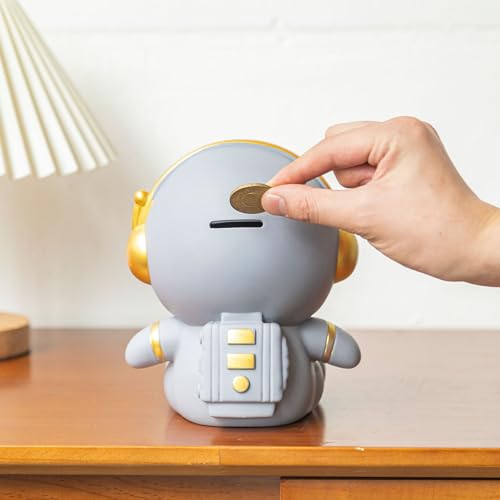 COORFORMER ASTRONAUT DESK CLOCK PIGGY BANK/SAVINGS JAR, KIDS ROOM SPACE THEME DECOR, CHILDREN CLOCK FOR HOME SCHOOL BEDROOM LIVING ROOM, FOR BOYS AND GIRLS GIFT – REMOVABLE BATTERY OPERATED – GRAY