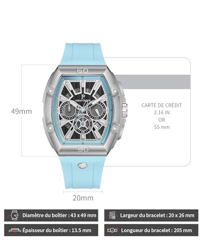PC PARAS CROWN Men's Chronograph Sport Casual Watch with Japanese Movement Water Resistant 5 ATM Stainless Steel Tonneau Case Silicone Strap Quartz