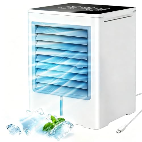 3 in 1 Mobile Air Conditioner, USB Small Silent Air Cooler with Water 470ml, 3 Speed, Timer, Touch Screen, No Drain, Portable Mini Fan for Bedroom, Office, Home