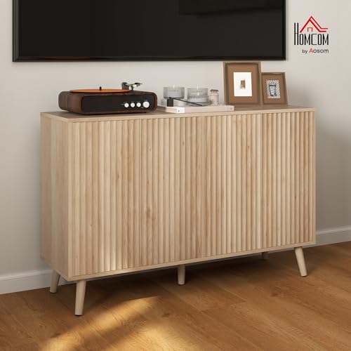 HOMCOM 47" Sideboard Buffet Cabinet with Storage, Modern Fluted Coffee Bar Cabinet with Adjustable Shelves and Wood Legs, Kitchen Credenza, Oak