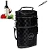 Vina 2 Bottle Wine Tote Bag, Insulated Black Grid Wine or Beer Cooler Carrier Case with Shoulder Strap + Free Corkscrew, Wine Gift Bag for Travel and Picnic, Black