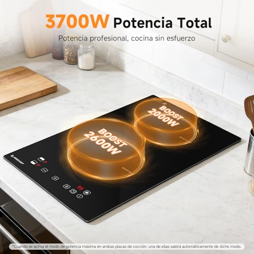 AMZCHEF Induction hob 2 burners with continuous heating, 10 power levels and boost, safety lock and timer, overheat protection, recessed / portable, 3700W