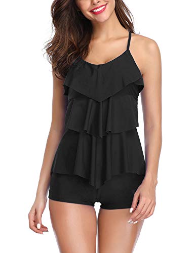 LALAVAVA Women's Two Piece Swimsuit Polka Dot Flounce Printed Tank Top with Boyshorts Bottom Tankini Set (Black, XX-Large) - Thumbnail 7