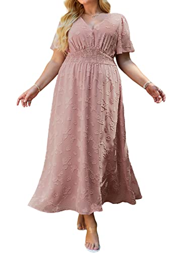 SIMPLEE WOMEN’S PLUS SIZE WEDDING GUEST DRESS SHORT SLEEVE FLOWY FALL FLORAL MAXI DRESS BOHO MATERNITY DRESS FOR PHOTOSHOOT (2XL PINK)