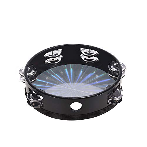 Muslady 8 inch /10 inch Wooden Radiant Tambourine Handbell Hand Drum with Double Row Jingles Reflective Drum Head Percussion Instrument Musical Toy