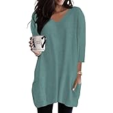 Poetsky Womens Tunic Tops for Leggings with Pockets Vneck 3/4 Length Sleeve Shirt Casual Long T-Shirts S-3XL