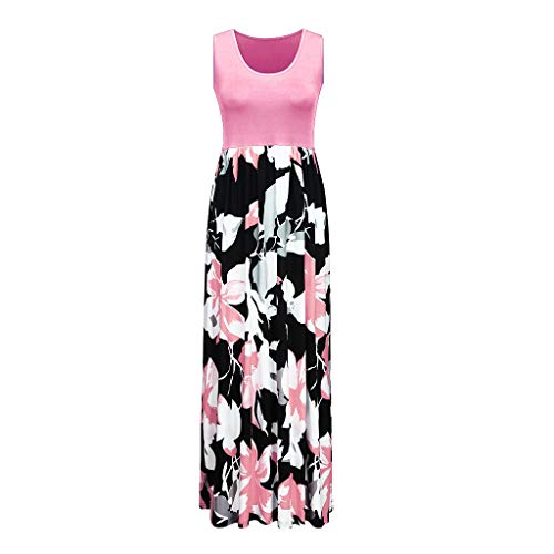 Mysky Fashion Women Summer New Bohemian Floral Print Sleeveless Solid Color Tank Beach Sundress Long Maxi Dress Pink - Thumbnail 3