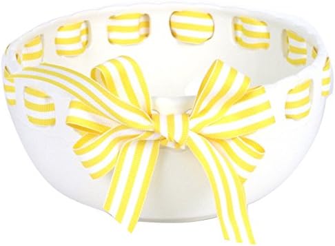 Prissy Plates Decorative Serving Bowl with Yellow/White Stripe Ribbon, White