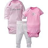 Gerber Baby 3 Piece Long and Short Sleeve Onesies With Pant, elephant, 3-6 Months