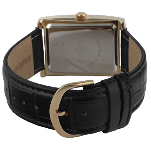 Peugeot Men's Vintage Rectangular 14K Gold Plated Black Leather Strap Watch