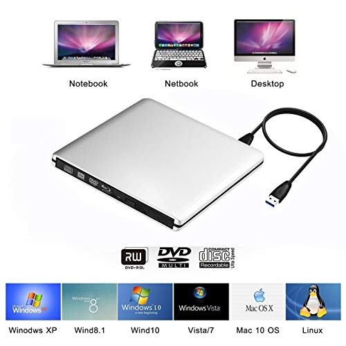 USB 3.0 Blu-ray Player/DVD Drive/DVD Burner with 3D 4K Blu-ray Disc Player,Portable USB 3.0 Blu Ray DVD Burner Player Writer Reader Disk for Laptop, Windows 7/8/10,Linxus,Mac OS (Silver)