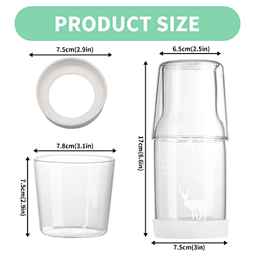 BTWD Bedside Water Carafe and Glass Set, Night Water Bediside Carafe with Glass Cup, Glass Mouthwash Dispenser for Bathroom, Nightstand Carafe with Silicone Coaster Glass Pitcher for Bedroom(18 OZ)