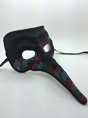 Laser Cut Medieval Plague Doctor Face Design Masquerade Halloween Mask - Black w/ Rainbow Checker Pattern