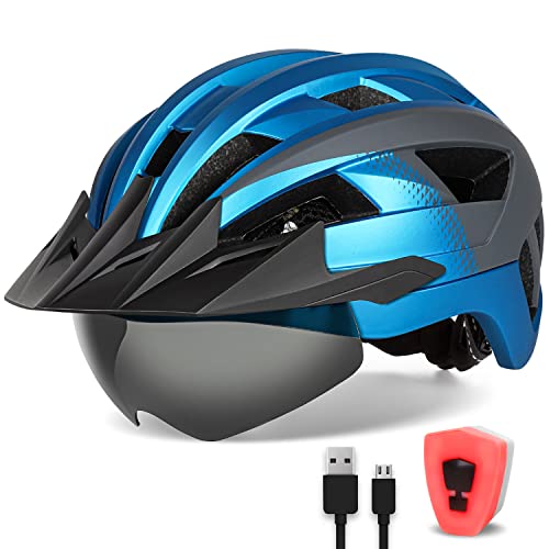 FUNWICT Fahrradhelm mit Visier für Herren Damen, Leichte Fahrradhelm mit Magnetischem Brille und USB-Aufladung LED Licht, Stylisch Mountainbike Helm (