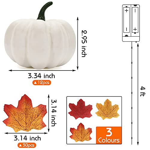 DomeStar Artificial Pumpkins Set, 12PCS White Fake Pumpkins with 30PCS Maple Leaves 1PC String Lights Fall Harvest Mini Pumpkins Faux White Pumpkins for Halloween Thanksgiving Decorations