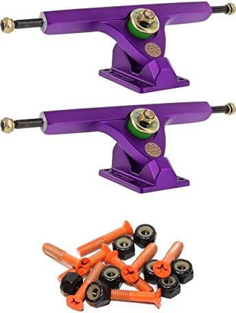 Caliber Trucks 10" II Fifty Caliber Satin Purple Skateboard Reverse Kingpin Trucks 50 Degree Baseplate with 1" Orange Hardware