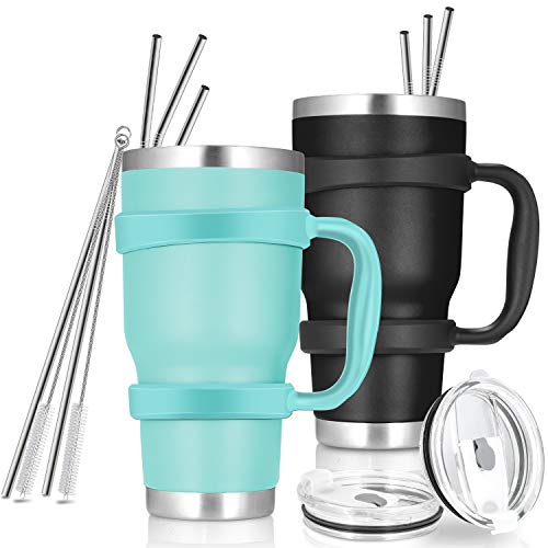 30oz Tumbler, 2 Packs Stainless Steel Double Wall Vacuum Insulated Tumbler Travel Mug With 8Pcs Reusable Straw, 2Pcs Slider Lid, 2Pcs Cleaning Brush, 2Pcs Handles (Black + Green) - Thumbnail 7