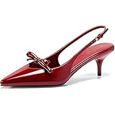 Coutgo Womens Bow Slingback Heels Low Kitten Heel Pumps Closed Pointed Toe Party Wedding Dress Shoes, Red, Size 9