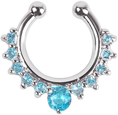 1Pc CZ Zircon Fake Septum Clicker Nose Hanger Ring Non Piercing Clip On Jewelry (Silver + Blue)